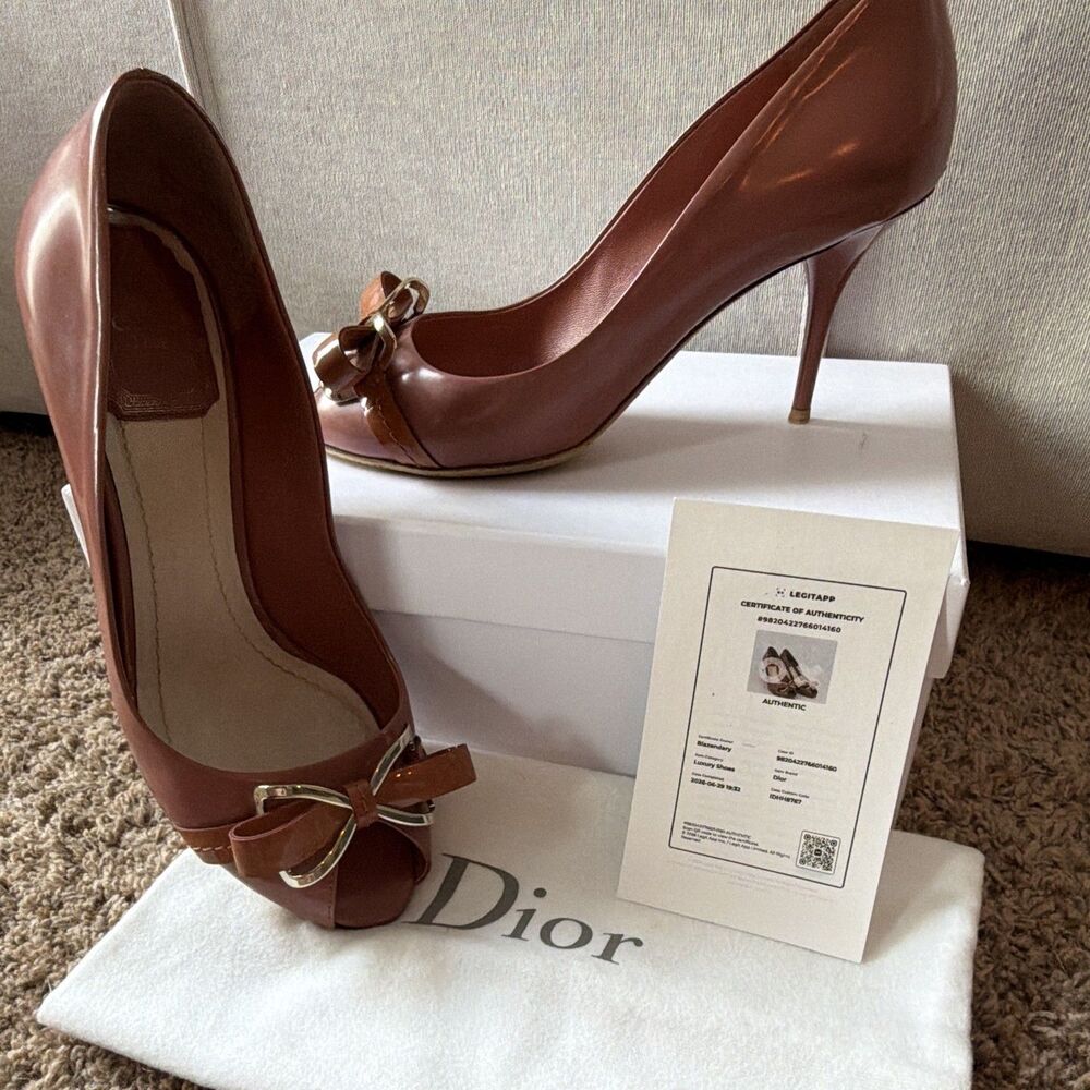 ⁠Christian Dior Pink Patent Leather Bow Peep Toe Pumps Heels Authenticated COA